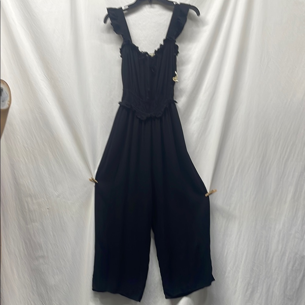 Liberty Love Black Ruffled Jumpsuit with Wide-Leg Cropped Legs NWT